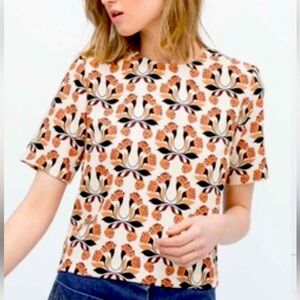 Zara Women's Short Sleeve Top with Floral Pattern, Back Zip, Size XS